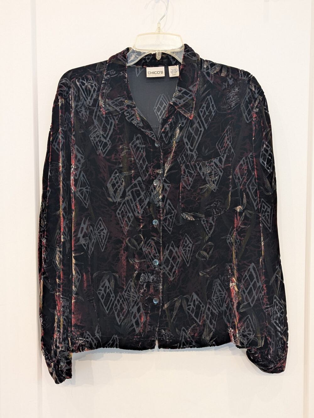 Chicos Velvet Burnout Silk Blend Blouse Sz 2 L Sheer Geometric Art To Wear